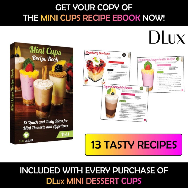 DLux 100 x 3 oz Mini Dessert Cups (no Spoons), Square Tall - Clear Plastic Parfait Appetizer Cup - Small Reusable Serving Bowl for Tasting Party Desserts Appetizers - With Recipe eBook - Image 3